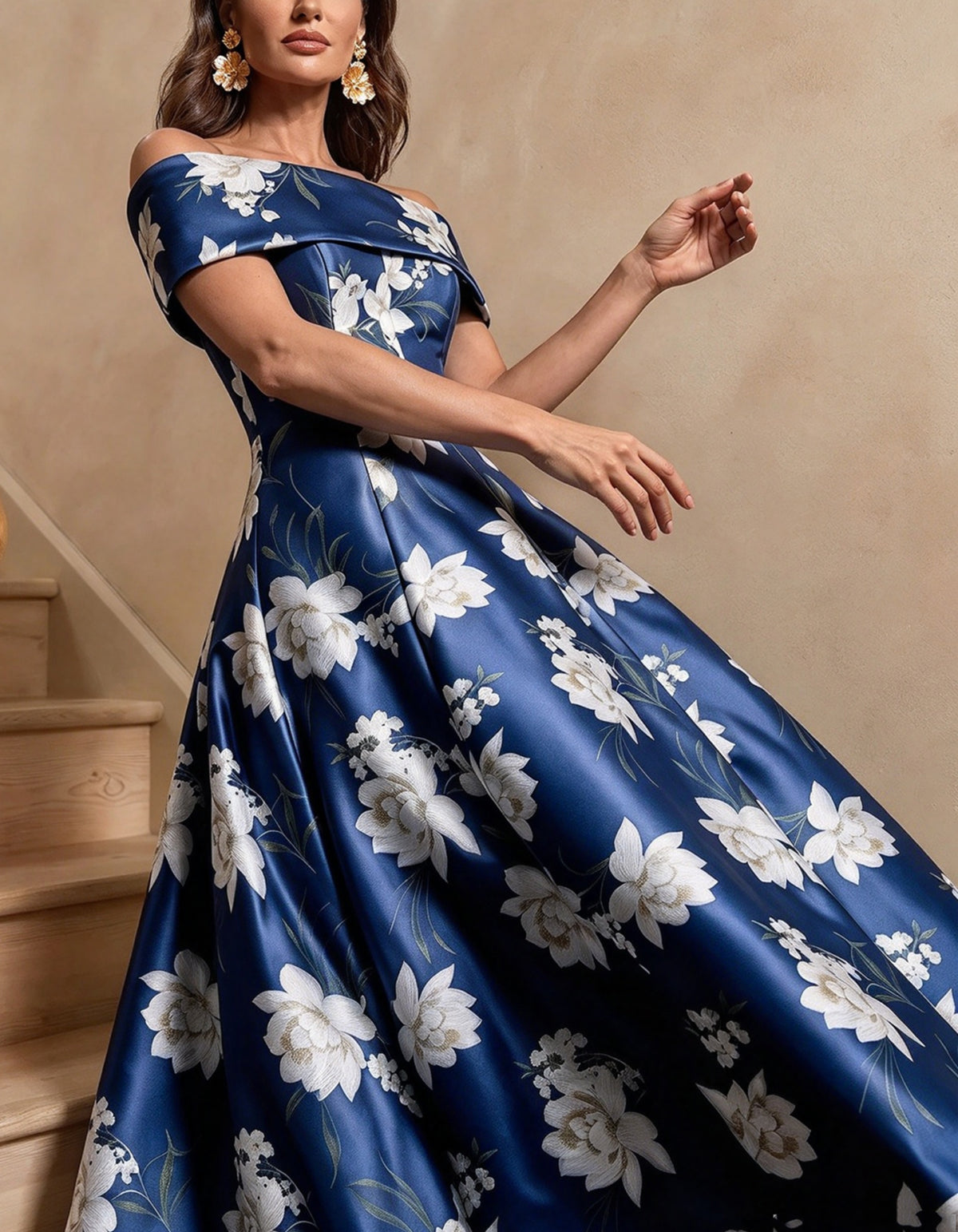Blue Printed Off The Shoulder Maxi Dress