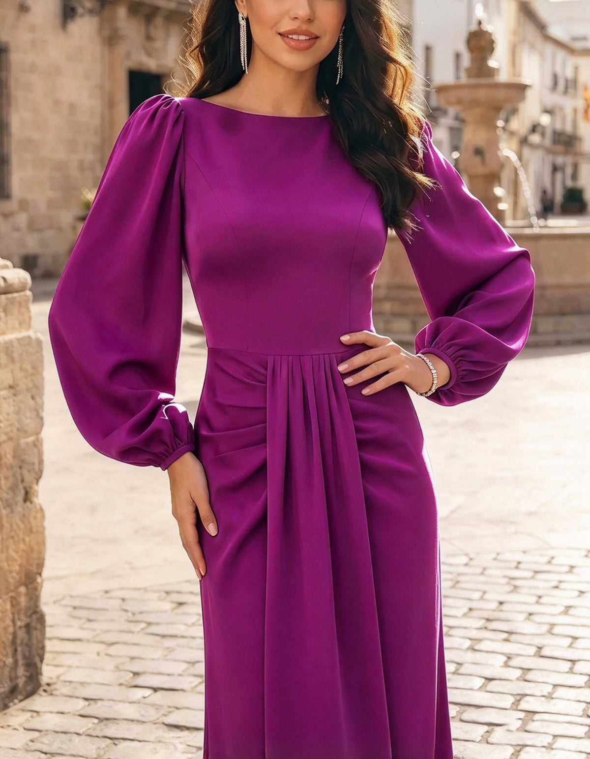 Rose Pink Long Sleeved Round Neck Maxi Dress