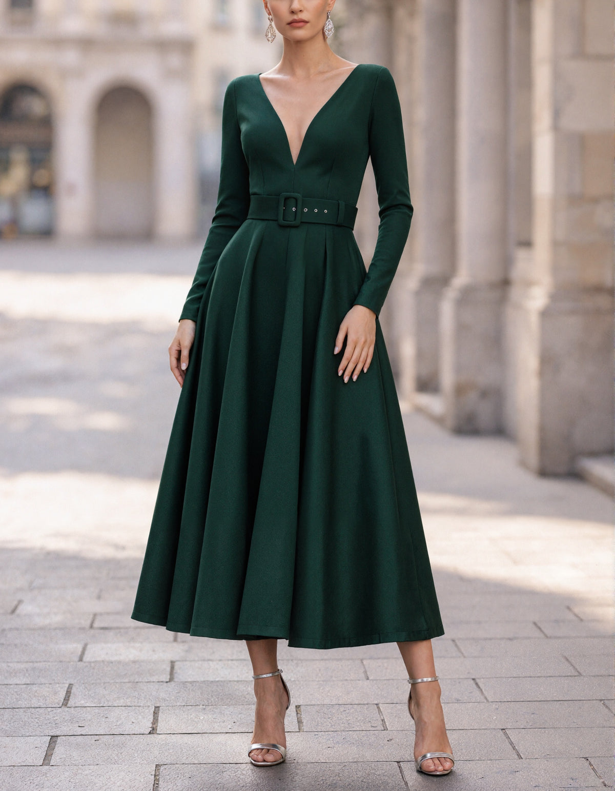 Dark Green V-Neck Long Sleeve Midi Dress