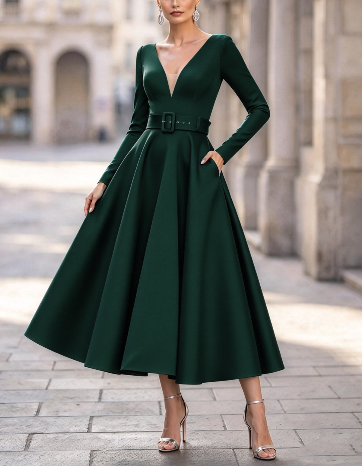 Dark Green V-Neck Long Sleeve Midi Dress