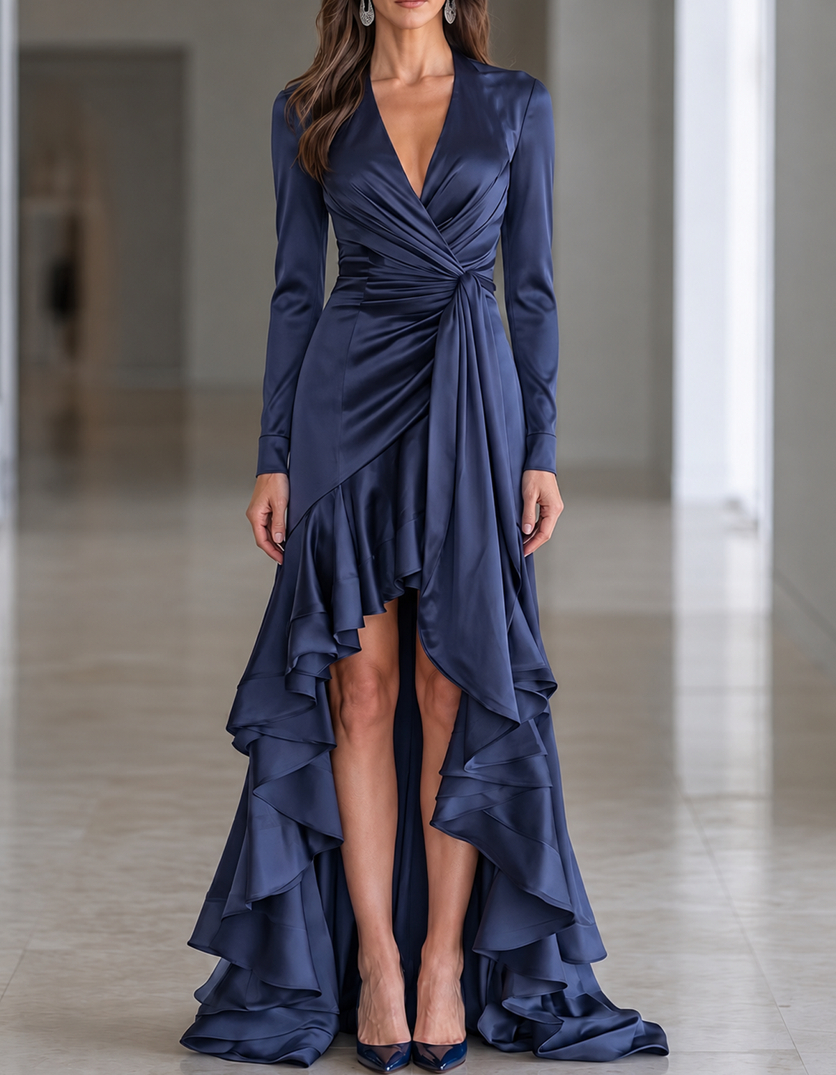 Long Sleeve Deep V Neck Satin High Low Ruffled Maxi Dress