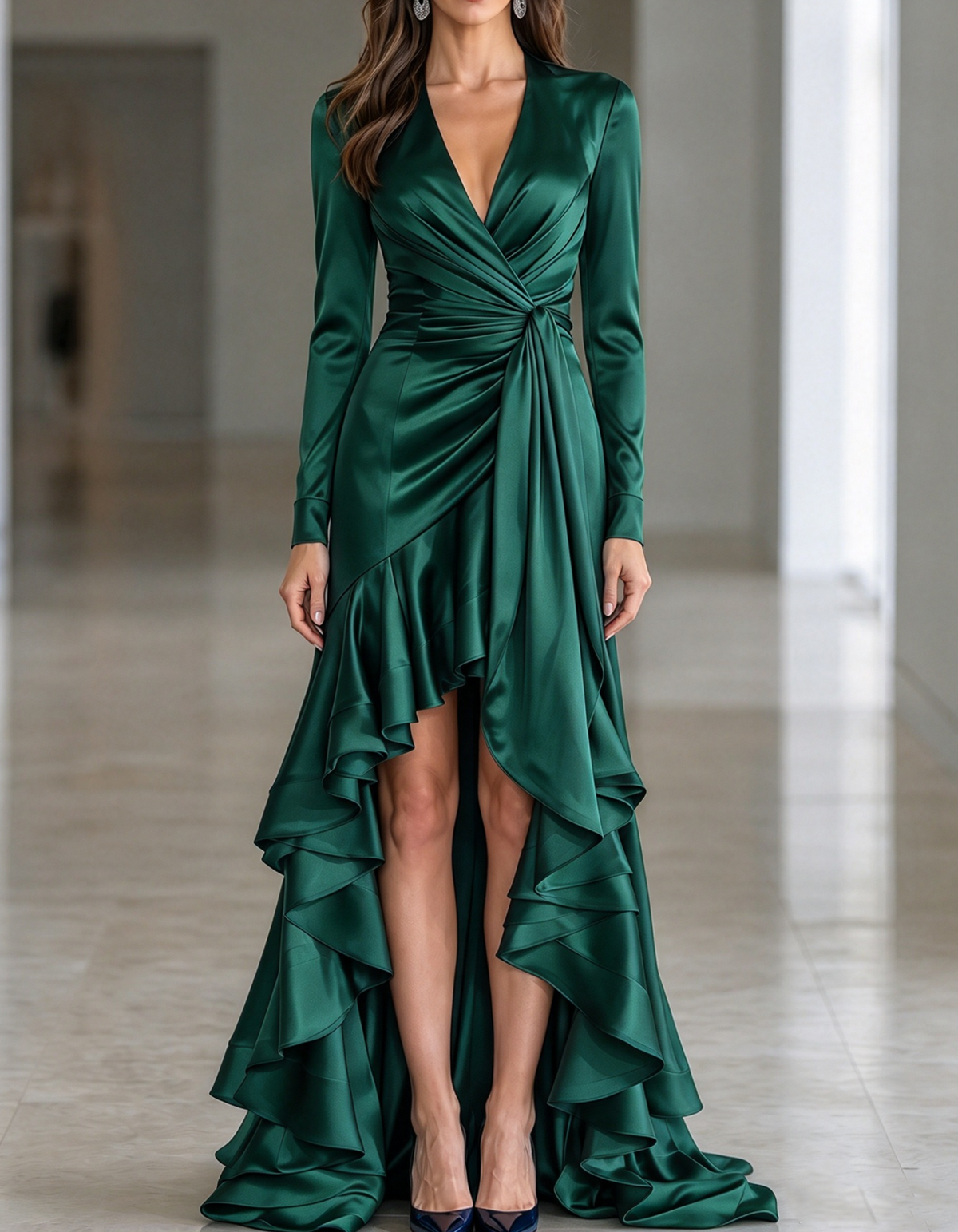 Long Sleeve Deep V Neck Satin High Low Ruffled Maxi Dress