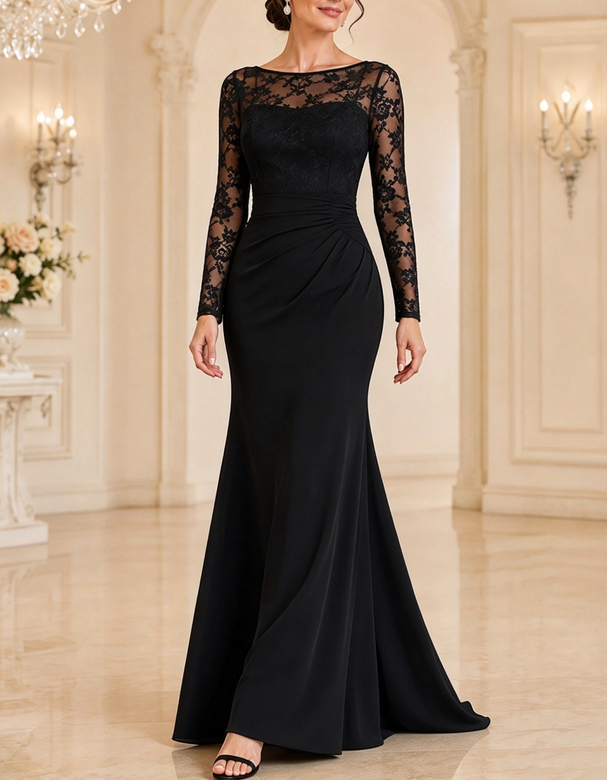 Long Sleeve Lace Ruched Waist Maxi Dress