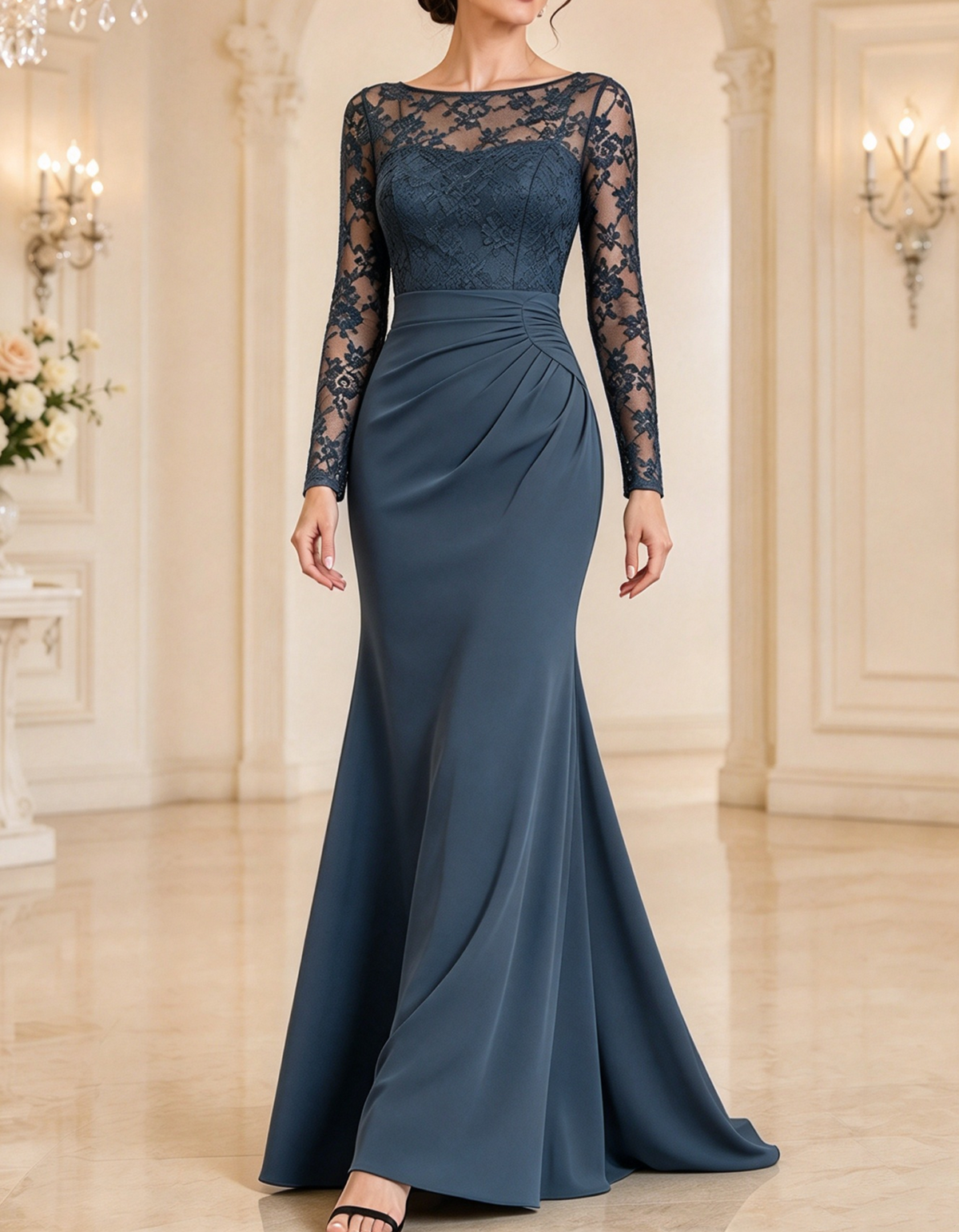 Long Sleeve Lace Ruched Waist Maxi Dress