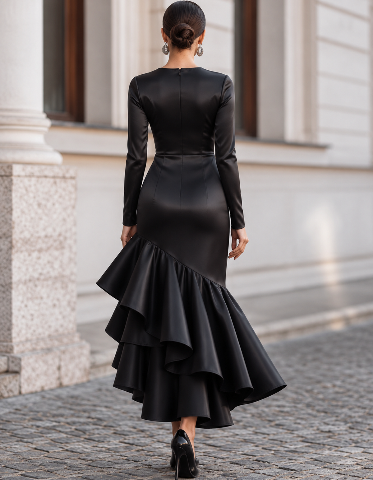 Long Sleeve Satin High-Low Ruffle Mermaid Maxi Dress