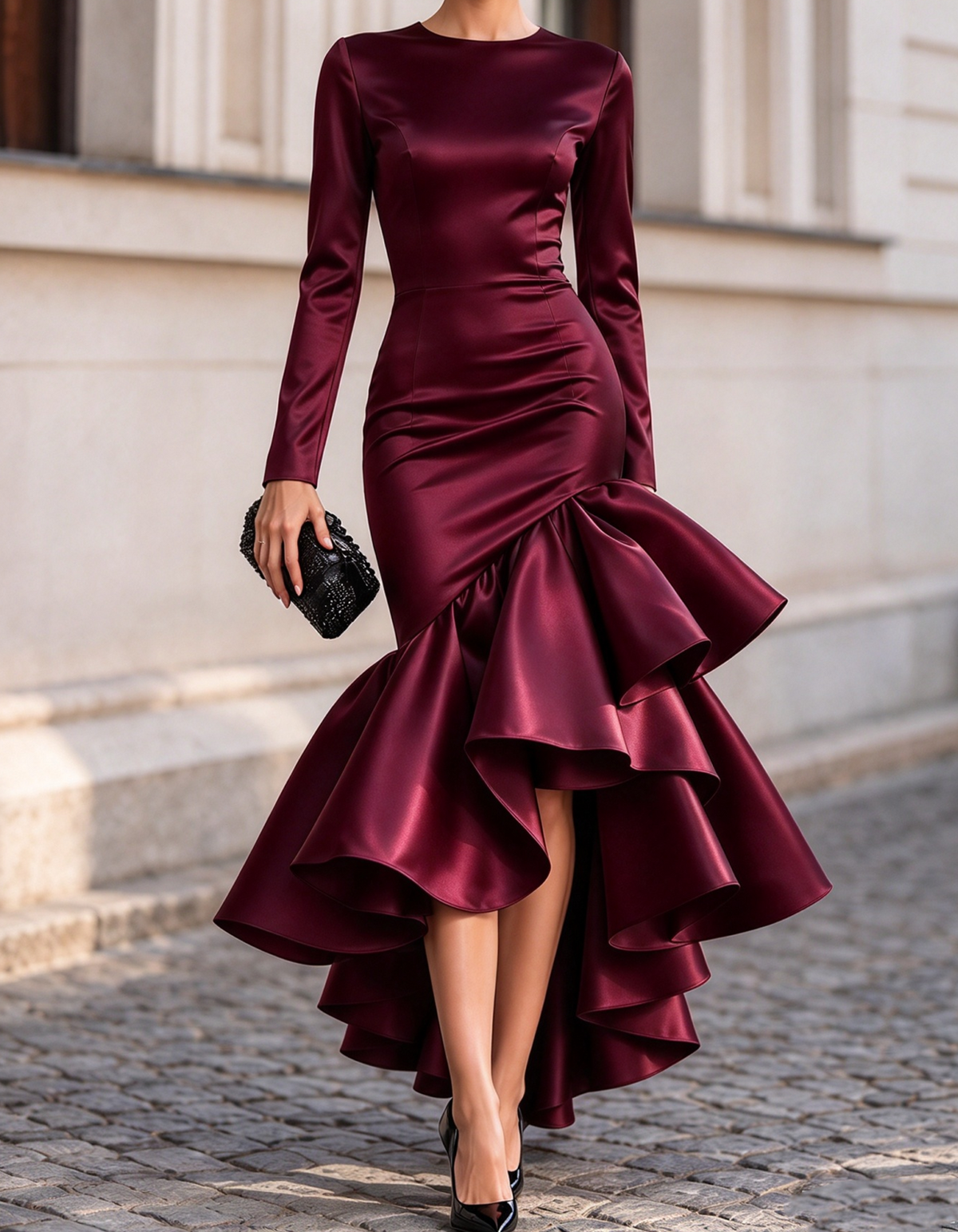 Long Sleeve Satin High-Low Ruffle Mermaid Maxi Dress
