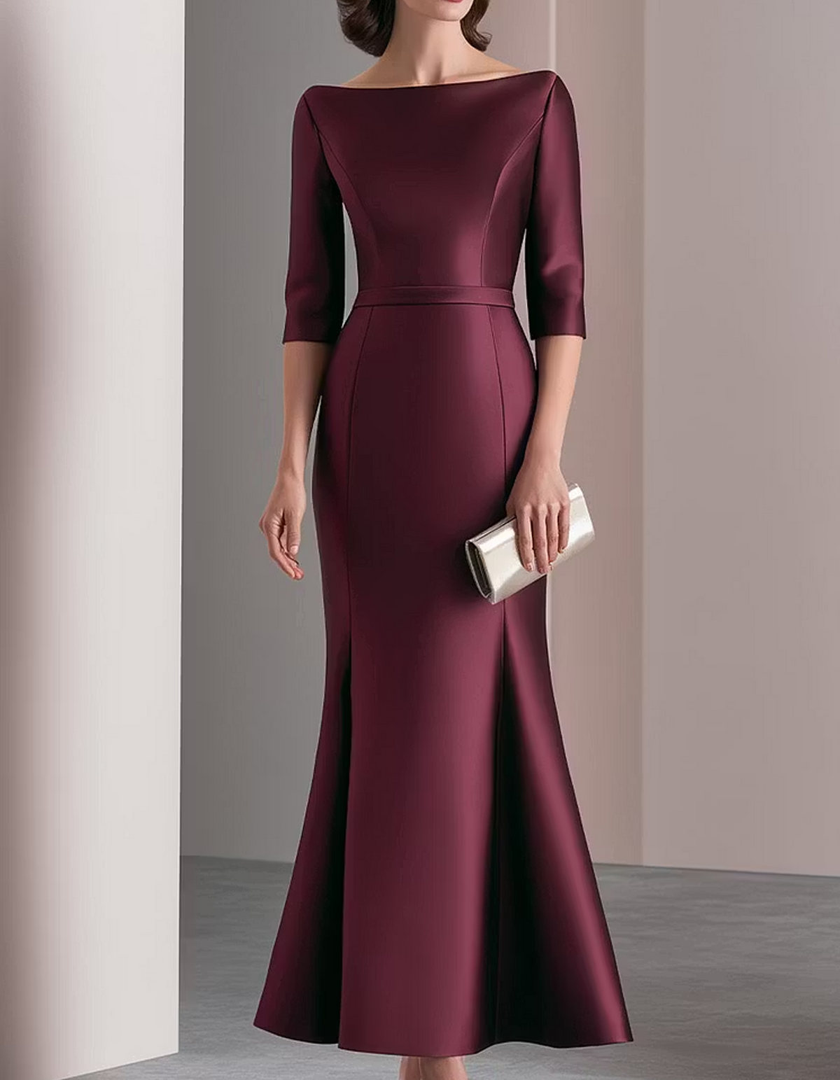 Elegant Boat Neck Three Quarter Sleeve Satin Maxi Dress