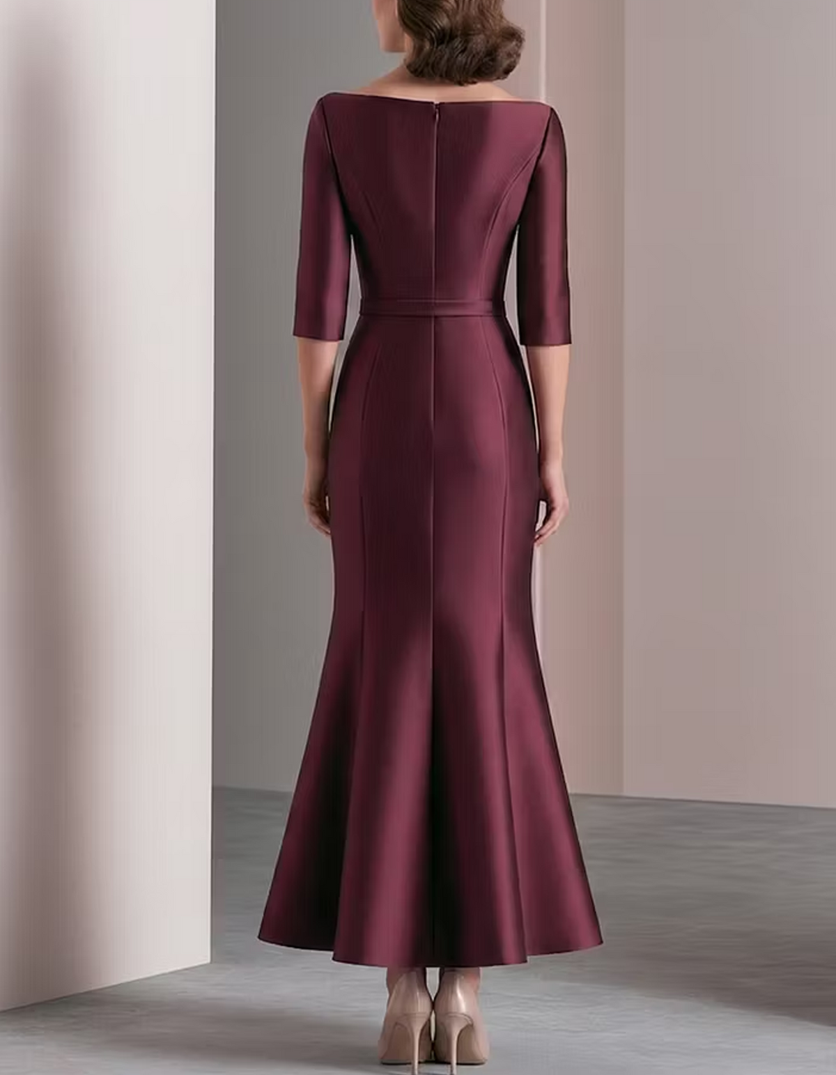 Elegant Boat Neck Three Quarter Sleeve Satin Maxi Dress