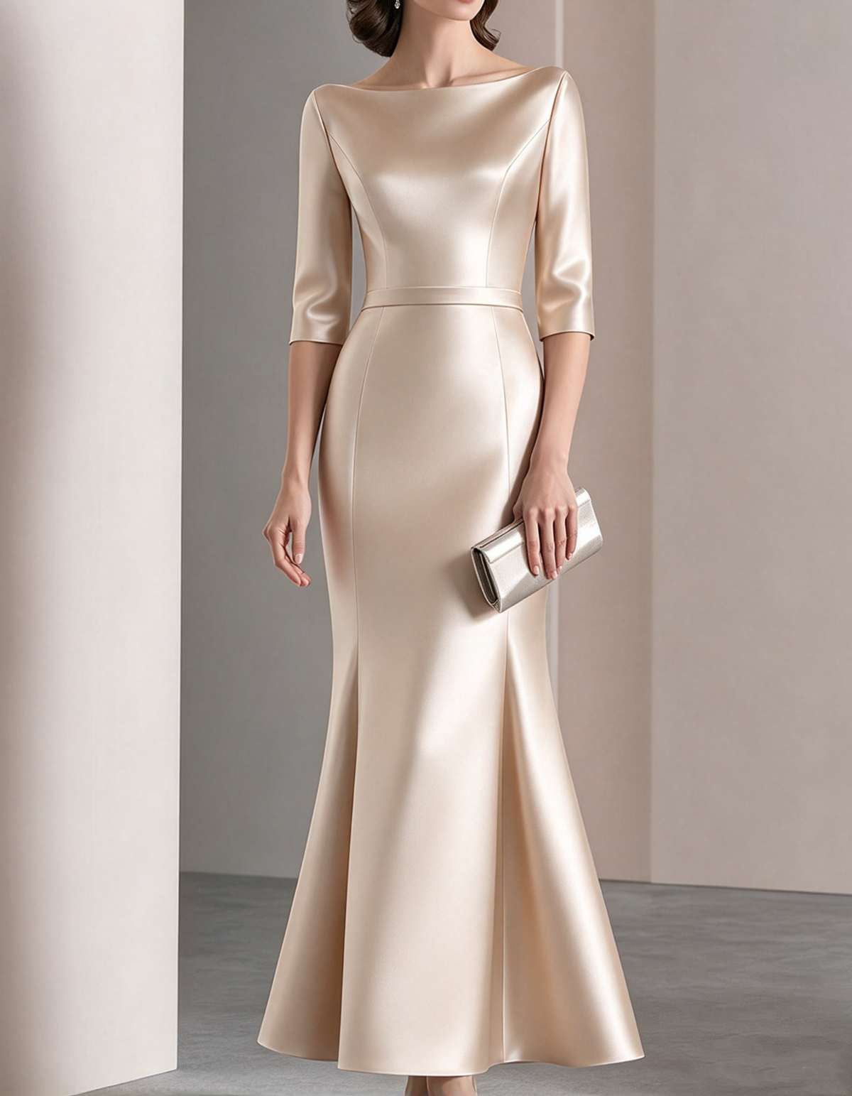 Elegant Boat Neck Three Quarter Sleeve Satin Maxi Dress