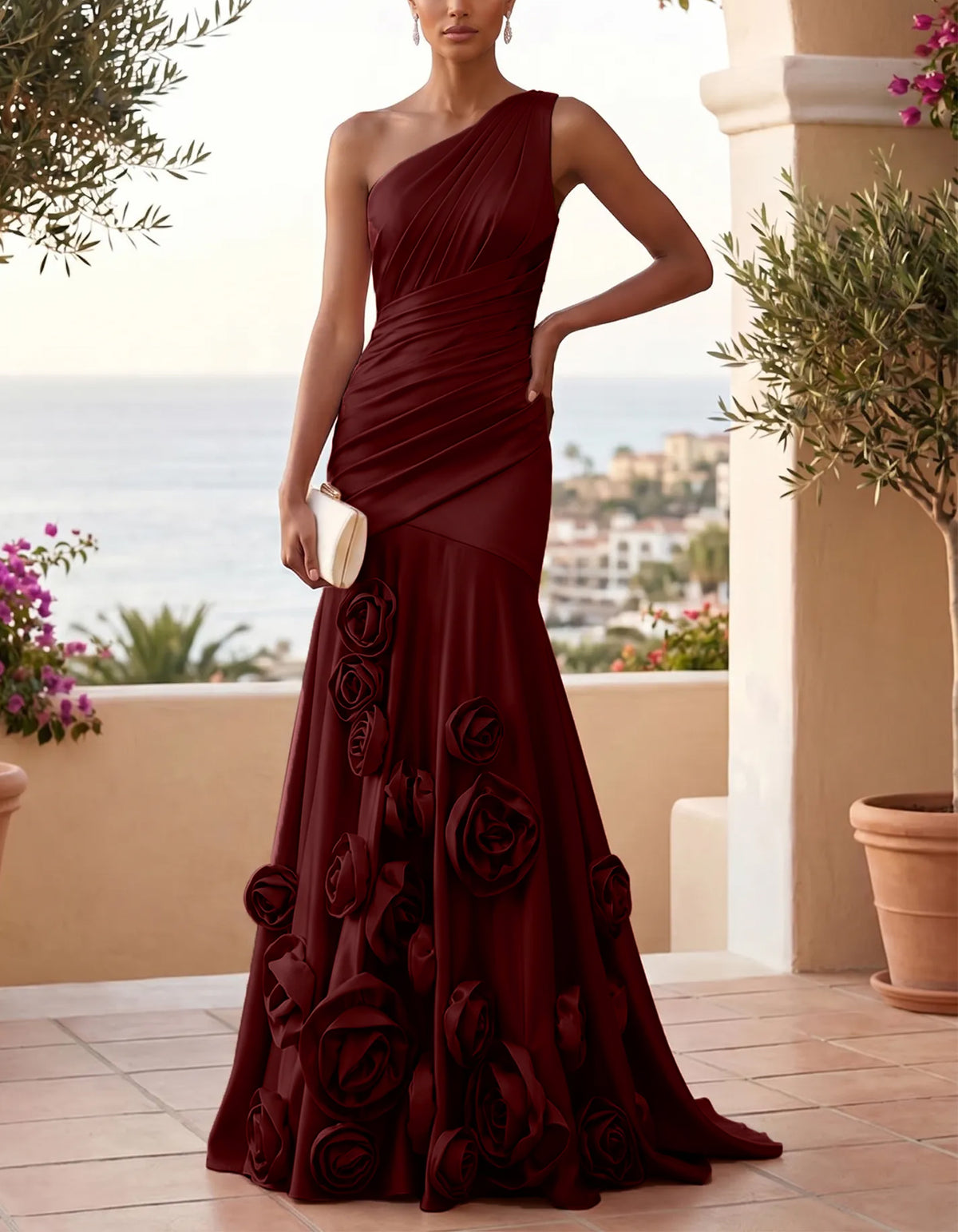 Solid Color Satin One Shoulder Mermaid Gown With 3D Floral Details Maxi Dress