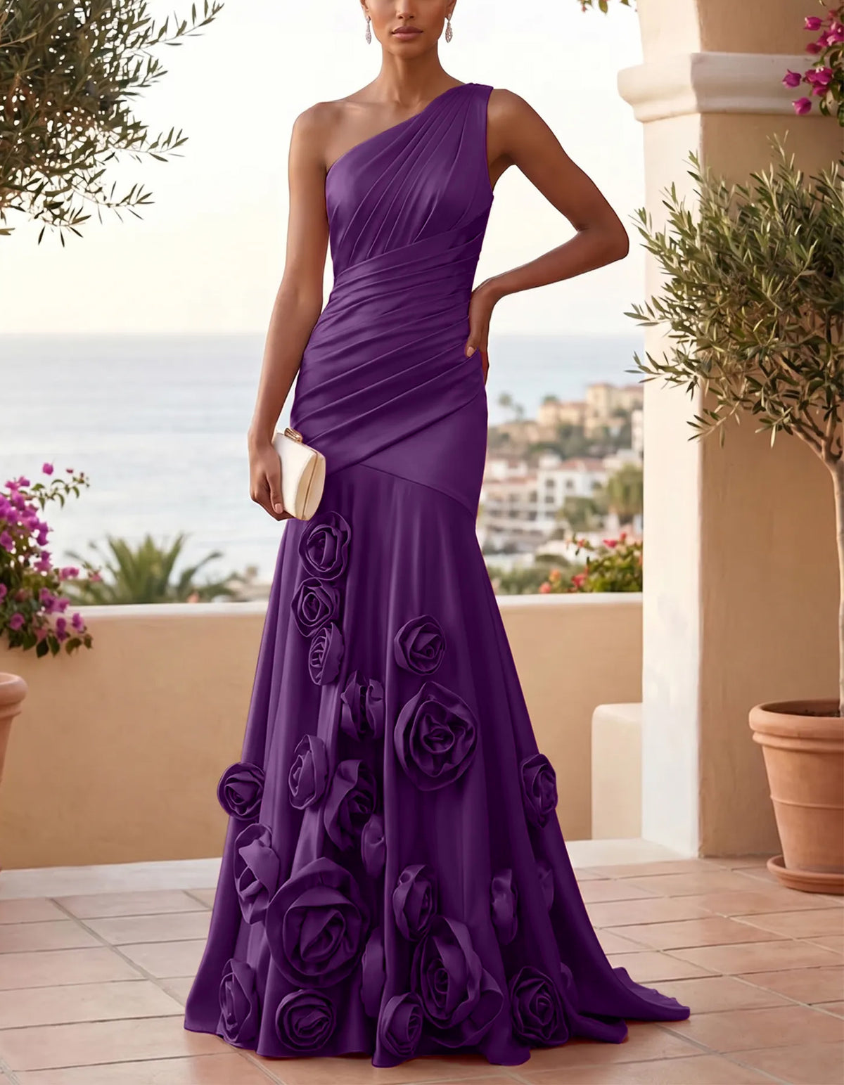 Solid Color Satin One Shoulder Mermaid Gown With 3D Floral Details Maxi Dress
