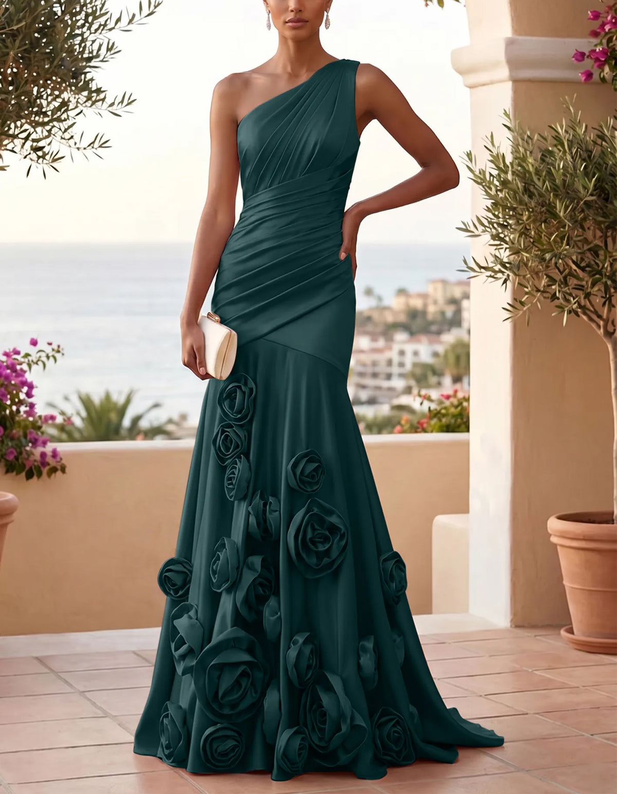 Solid Color Satin One Shoulder Mermaid Gown With 3D Floral Details Maxi Dress