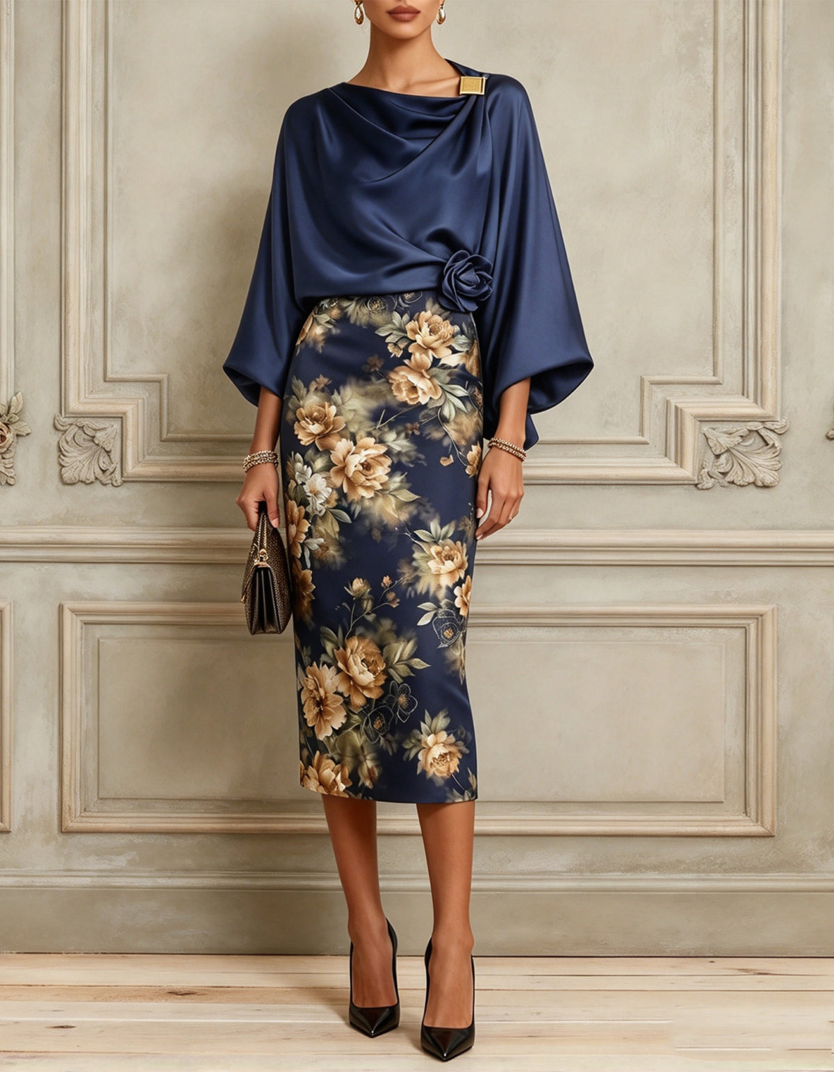 Dark Blue Satin With A Printed Pattern  Midi Dress