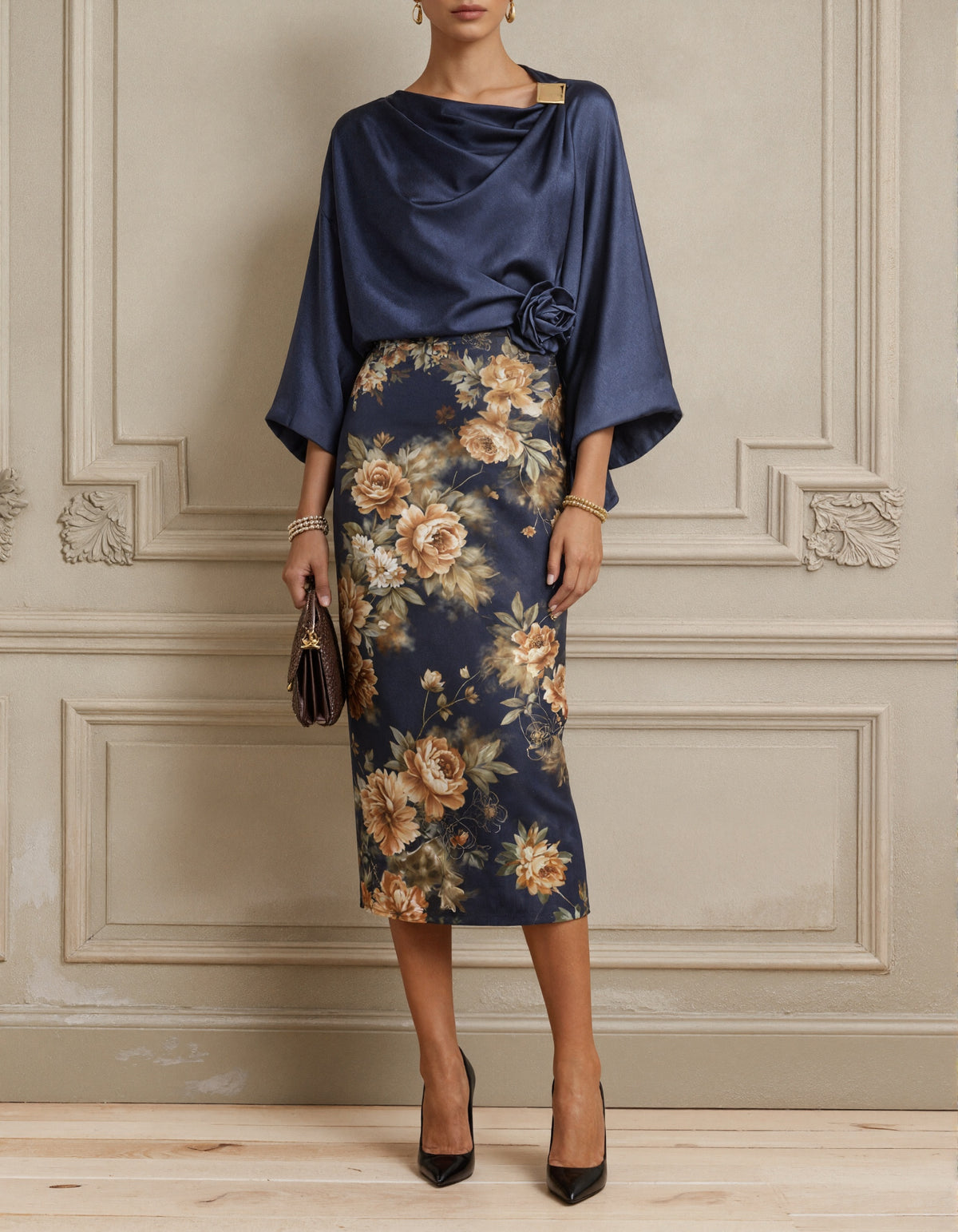 Dark Blue Satin With A Printed Pattern  Midi Dress