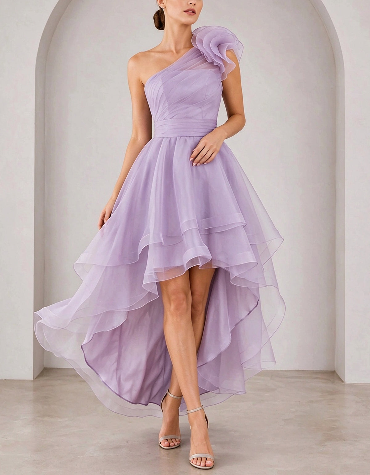 Organza One Shoulder Big Ruffle Flower High Low Maxi Dress