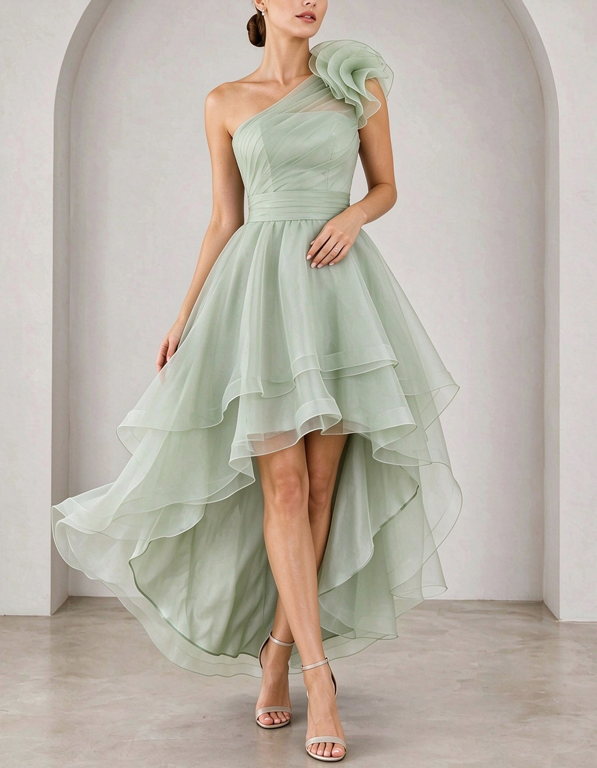 Organza One Shoulder Big Ruffle Flower High Low Maxi Dress