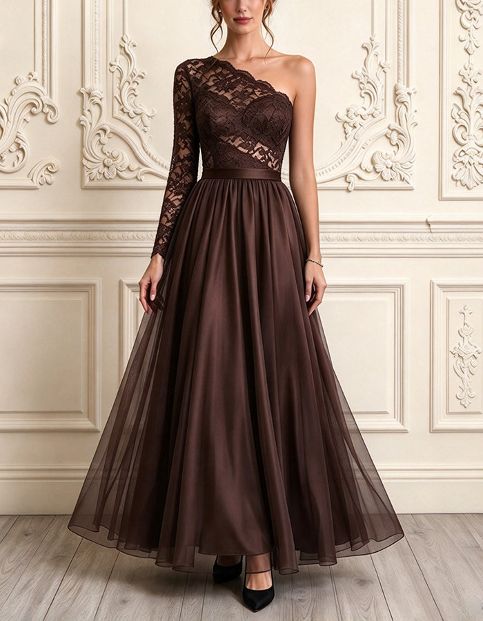 Coffee Colored One Shoulder Lace And Tulle Maxi Dress