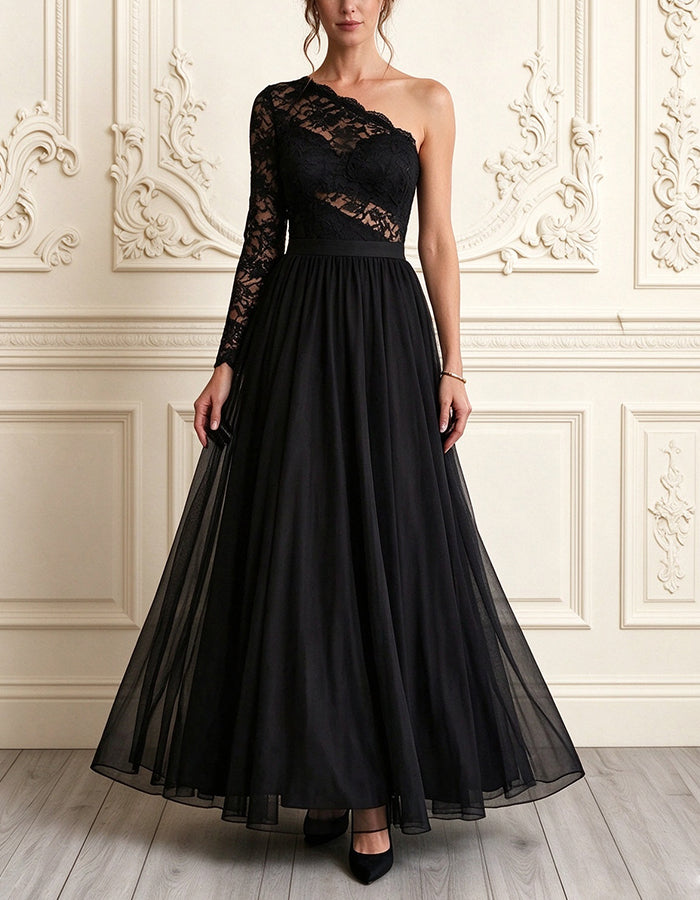 Coffee Colored One Shoulder Lace And Tulle Maxi Dress
