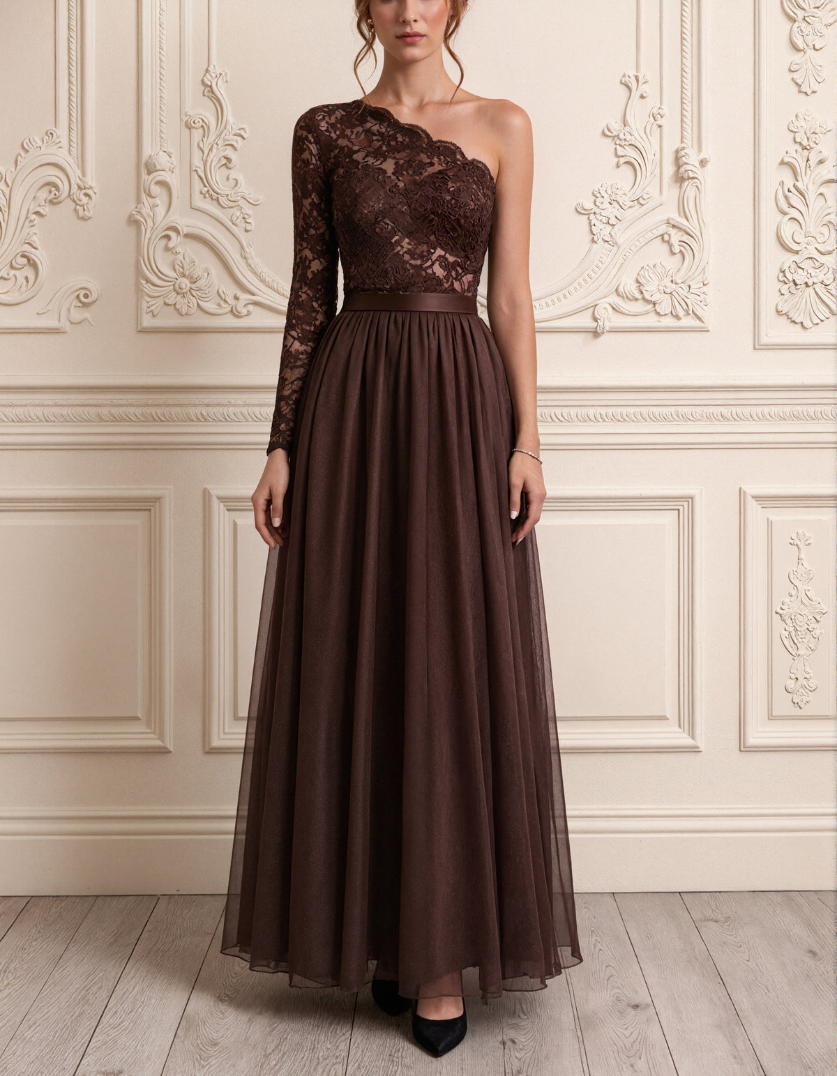 Coffee Colored One Shoulder Lace And Tulle Maxi Dress