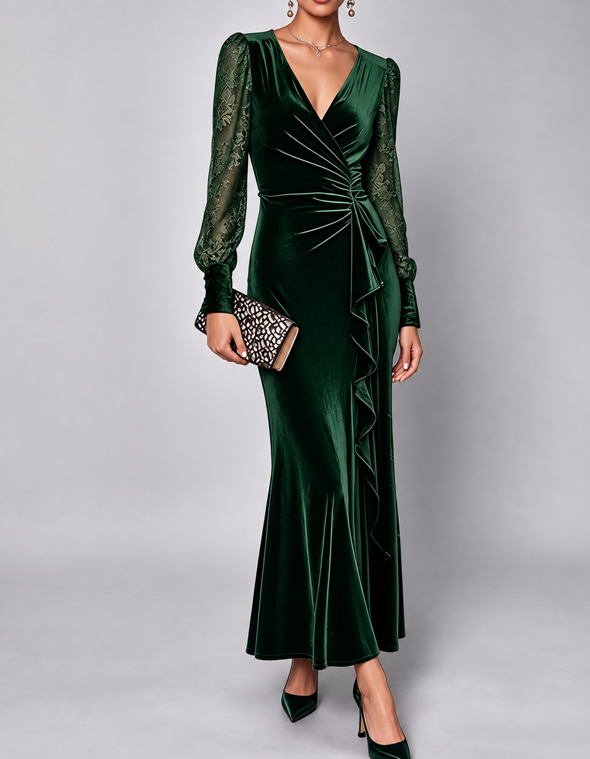 Deep V Wrap Ruffle Velvet Lace Sleeve Maxi Dress