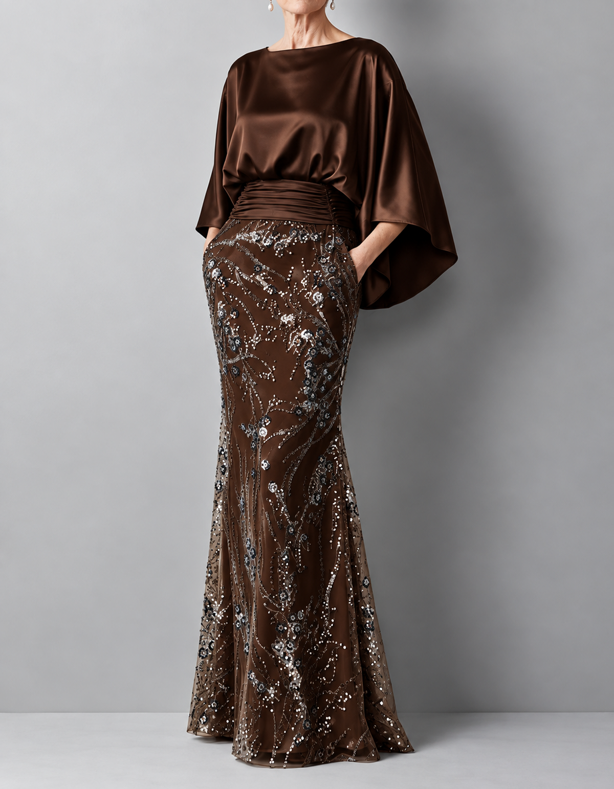 Champagne-colored Satin Cape-sleeved Maxi Dress