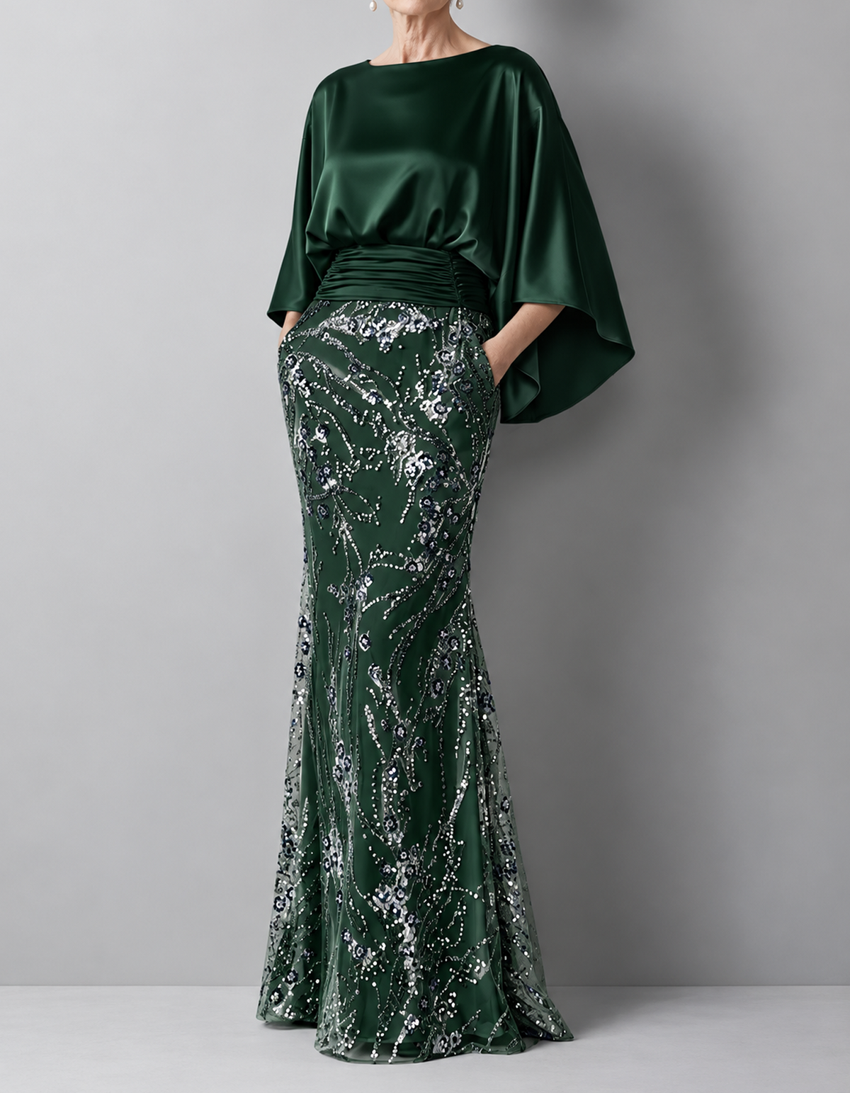 Champagne-colored Satin Cape-sleeved Maxi Dress