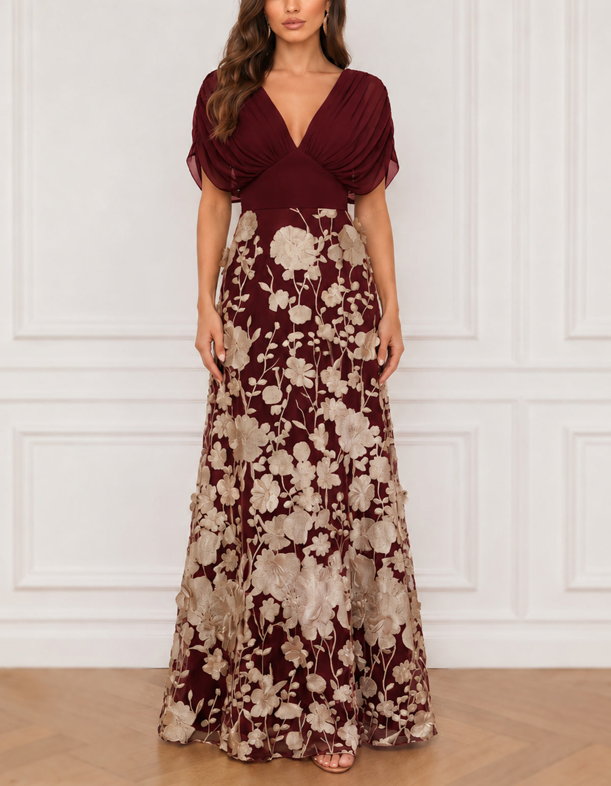 Black And Gold Floral Appliqué V-Neck Chiffon Maxi Dress