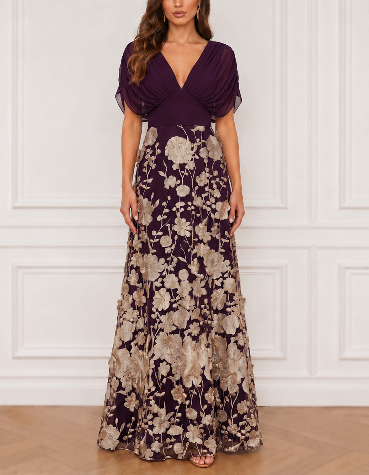 Black And Gold Floral Appliqué V-Neck Chiffon Maxi Dress