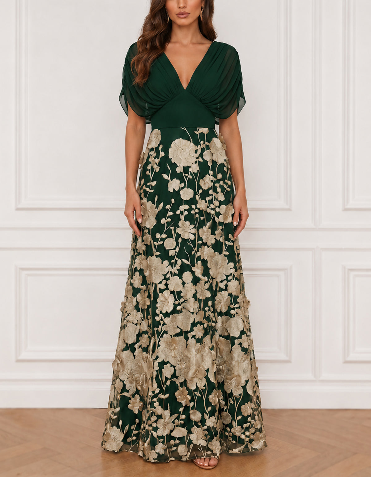 Black And Gold Floral Appliqué V-Neck Chiffon Maxi Dress