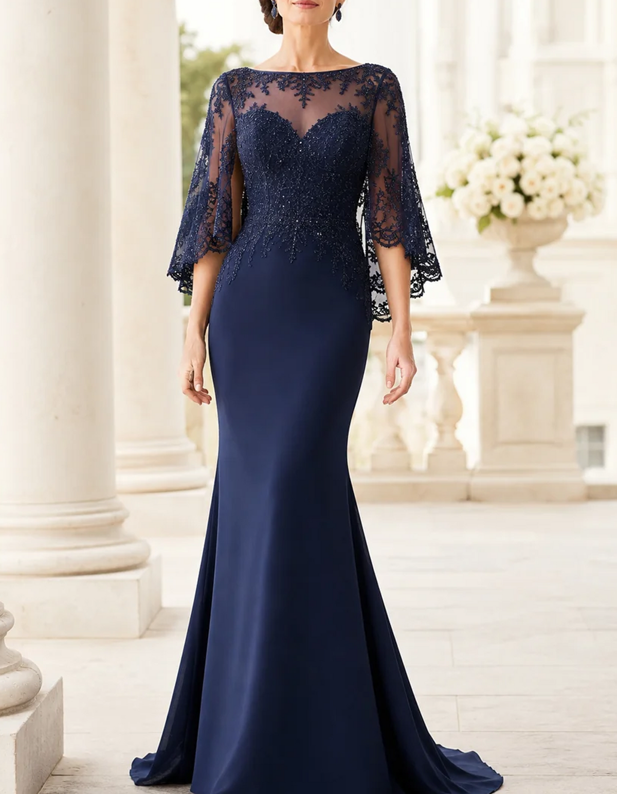 Boat Neck Lace Cape Sleeve Maxi Dress