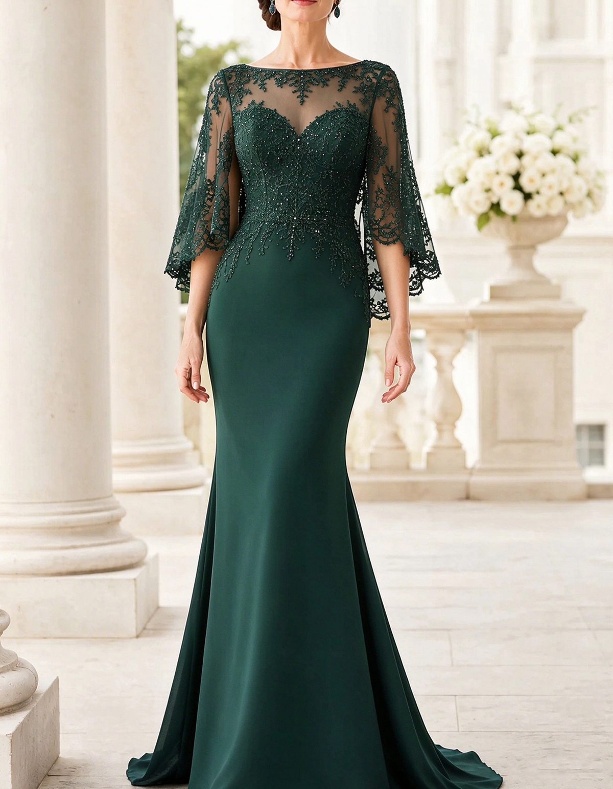 Boat Neck Lace Cape Sleeve Maxi Dress