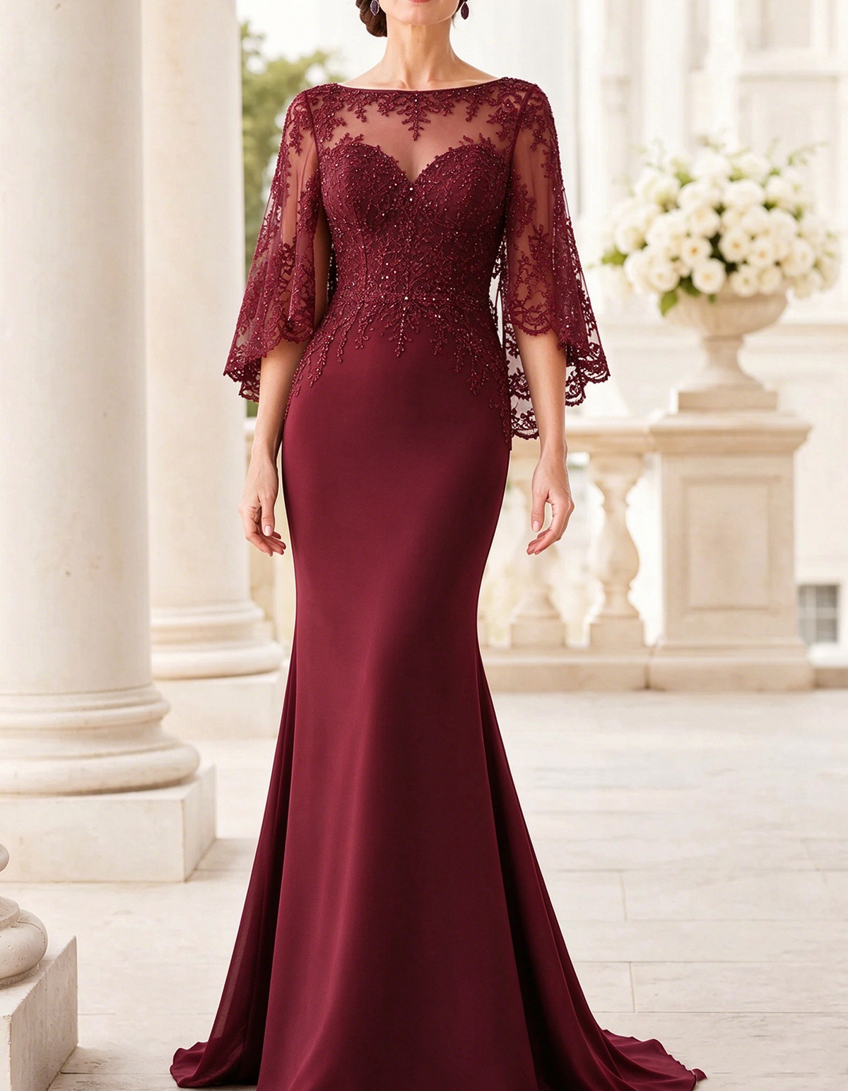 Boat Neck Lace Cape Sleeve Maxi Dress