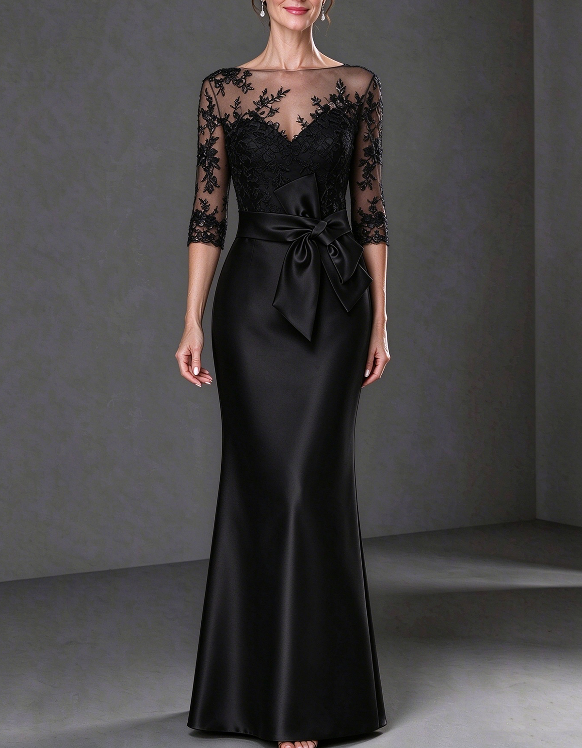 3/4 Sleeve Illusion Neck Lace & Satin Maxi Dress