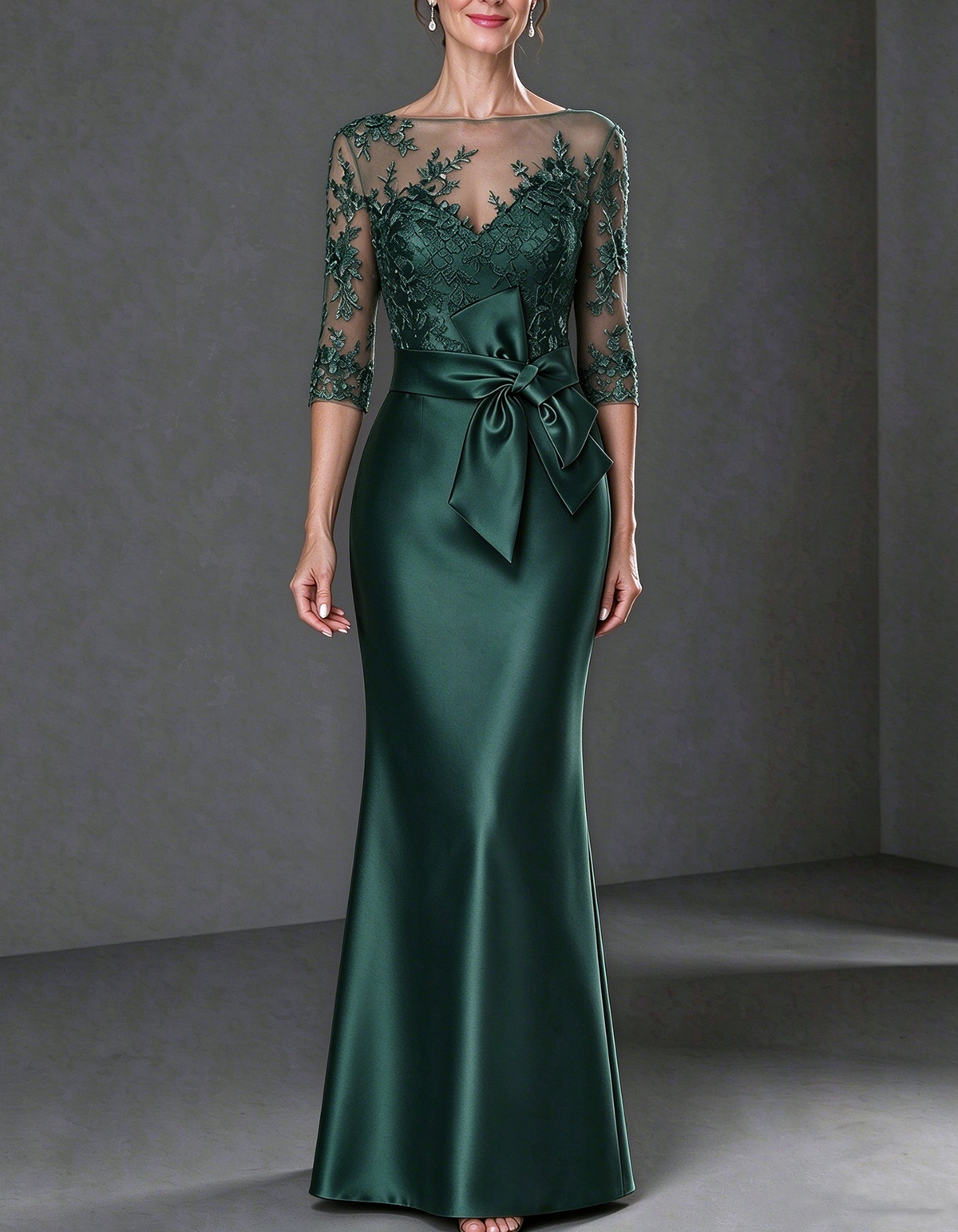 3/4 Sleeve Illusion Neck Lace & Satin Maxi Dress
