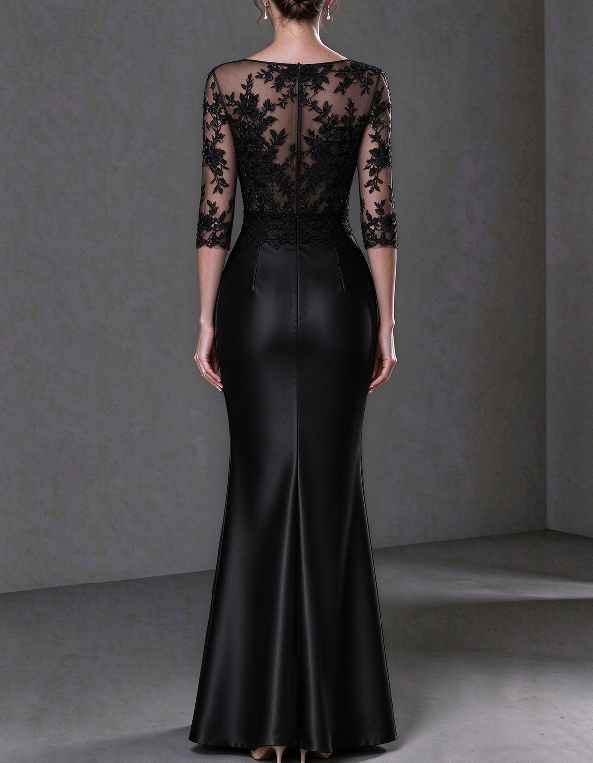 3/4 Sleeve Illusion Neck Lace & Satin Maxi Dress