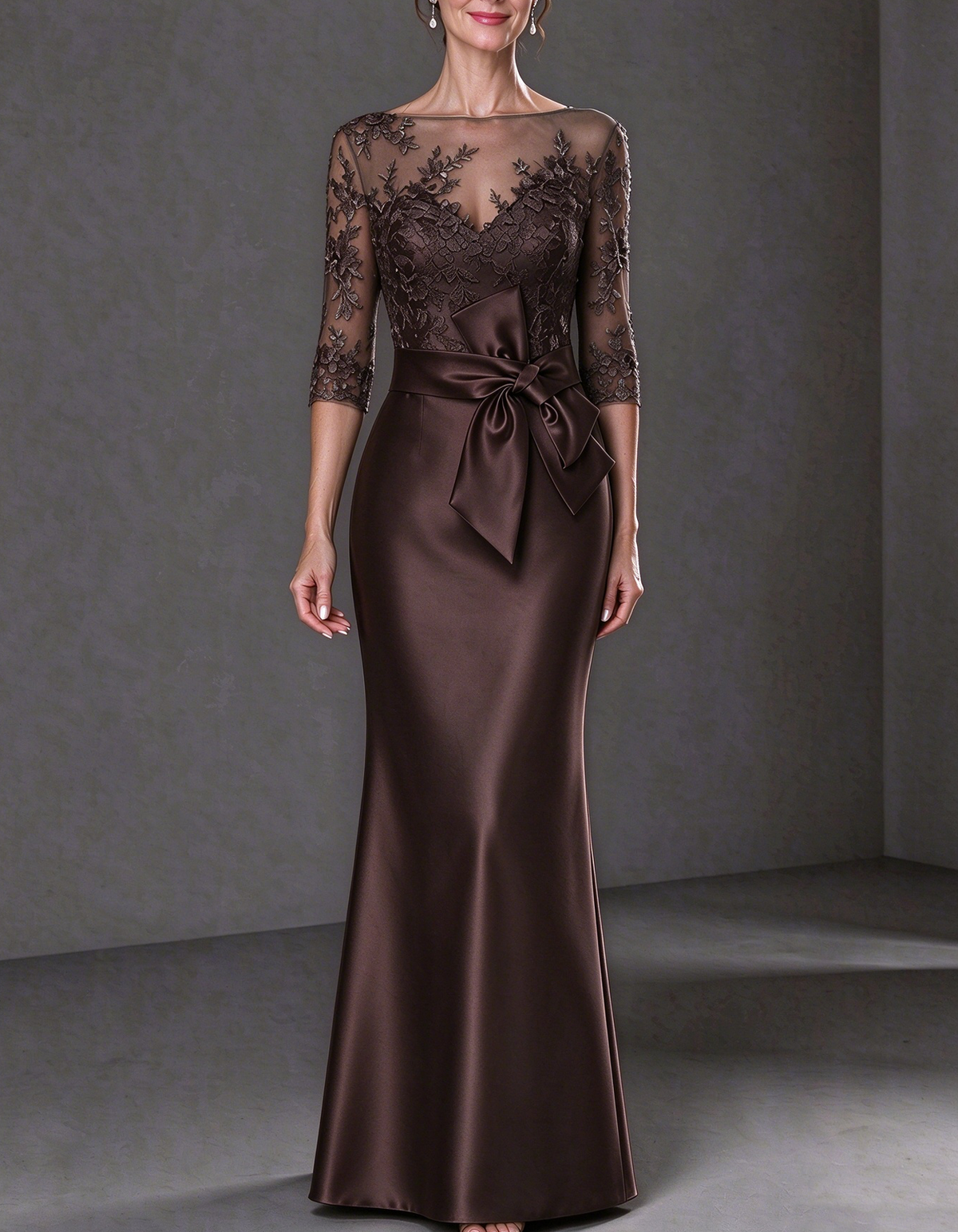 3/4 Sleeve Illusion Neck Lace & Satin Maxi Dress