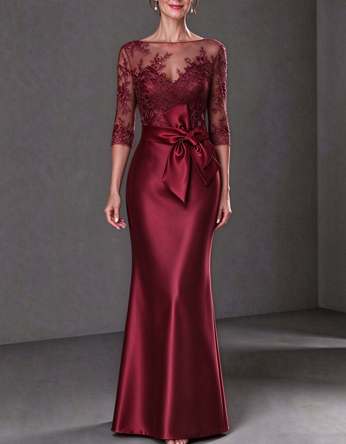 3/4 Sleeve Illusion Neck Lace & Satin Maxi Dress