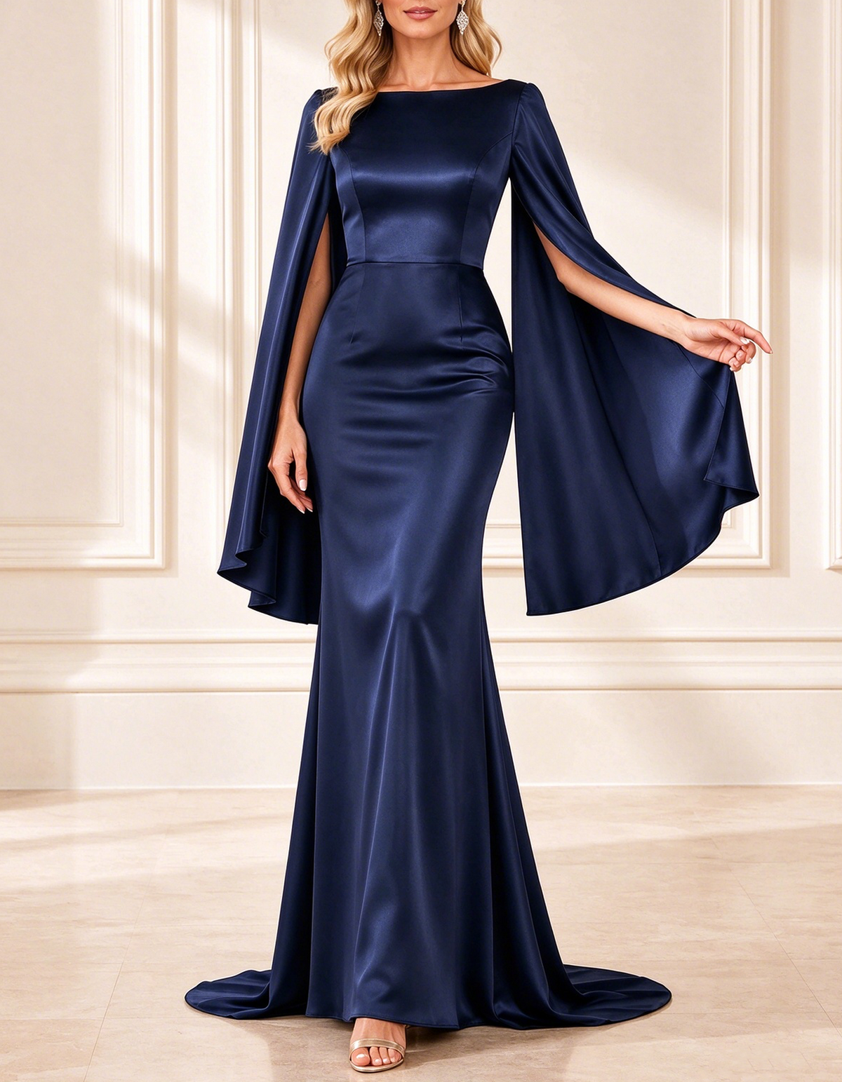 Luxury Satin Boat Neck Cape Sleeve Maxi Dress
