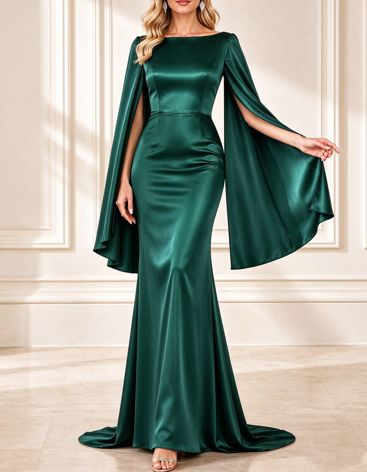 Luxury Satin Boat Neck Cape Sleeve Maxi Dress