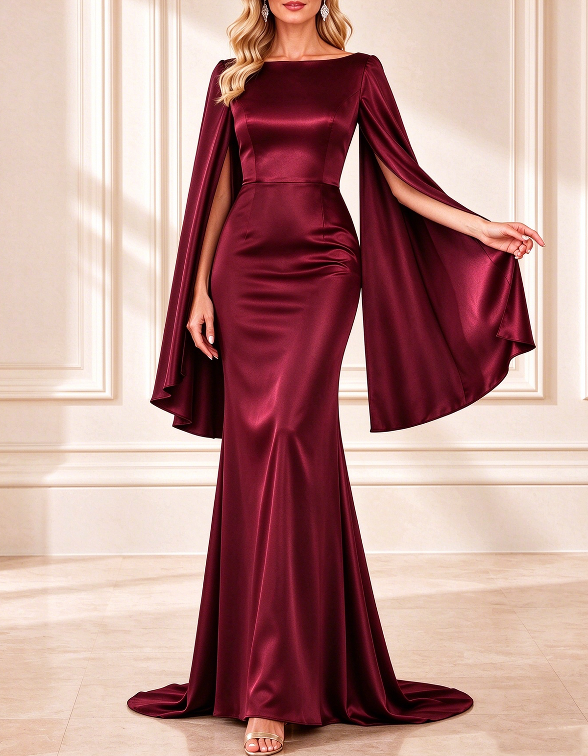 Luxury Satin Boat Neck Cape Sleeve Maxi Dress