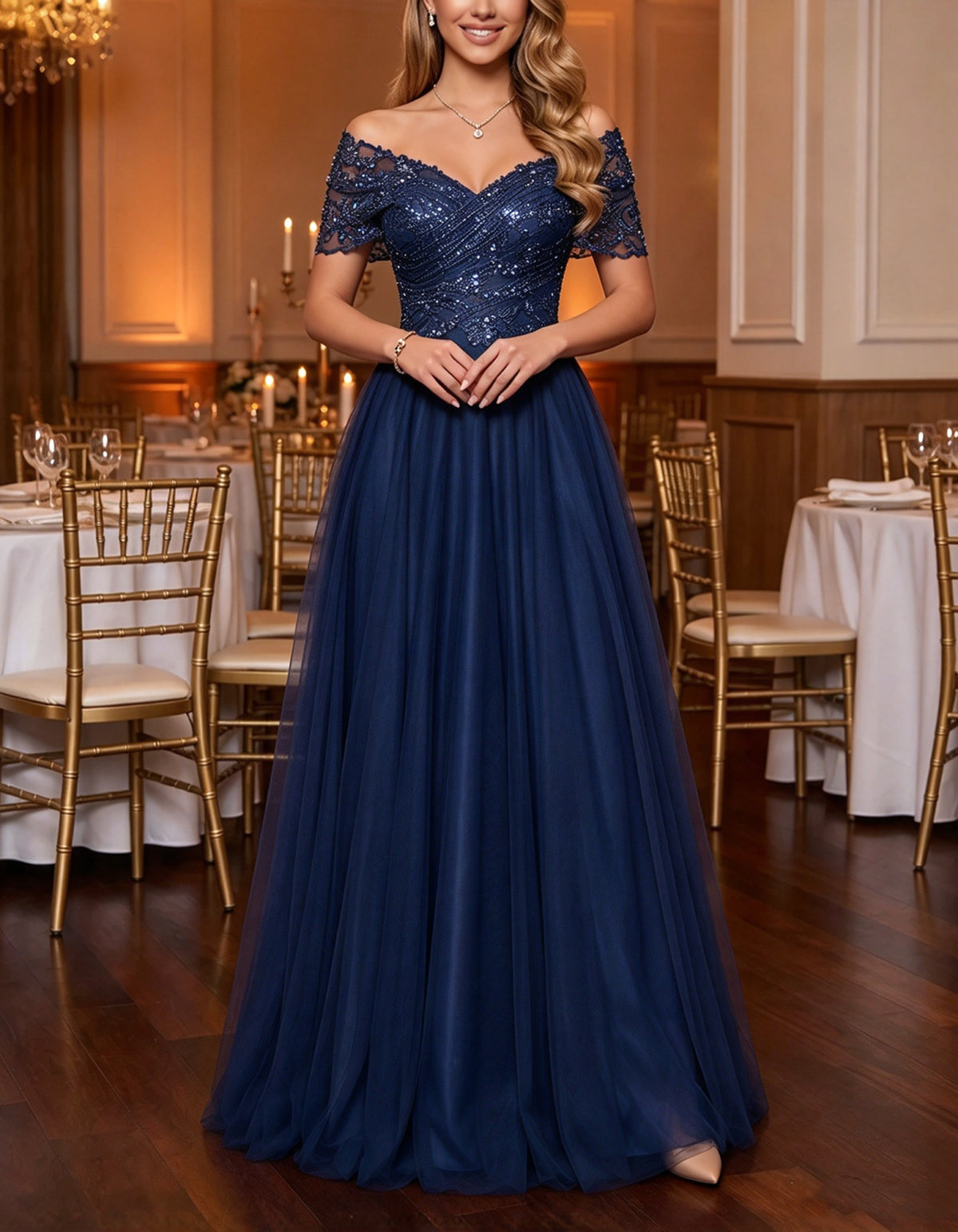 Champagne Off-the-Shoulder Lace & Tulle Maxi Dress