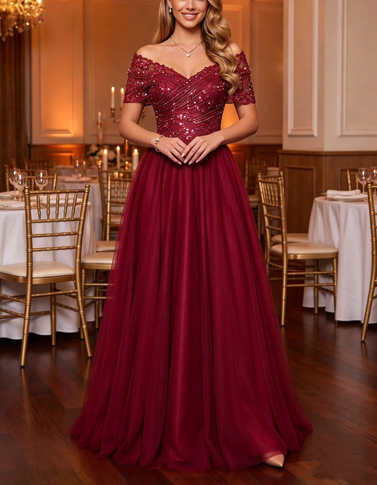 Champagne Off-the-Shoulder Lace & Tulle Maxi Dress