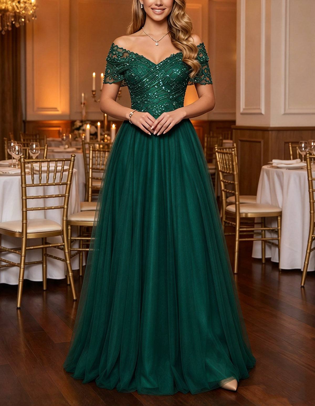 Champagne Off-the-Shoulder Lace & Tulle Maxi Dress