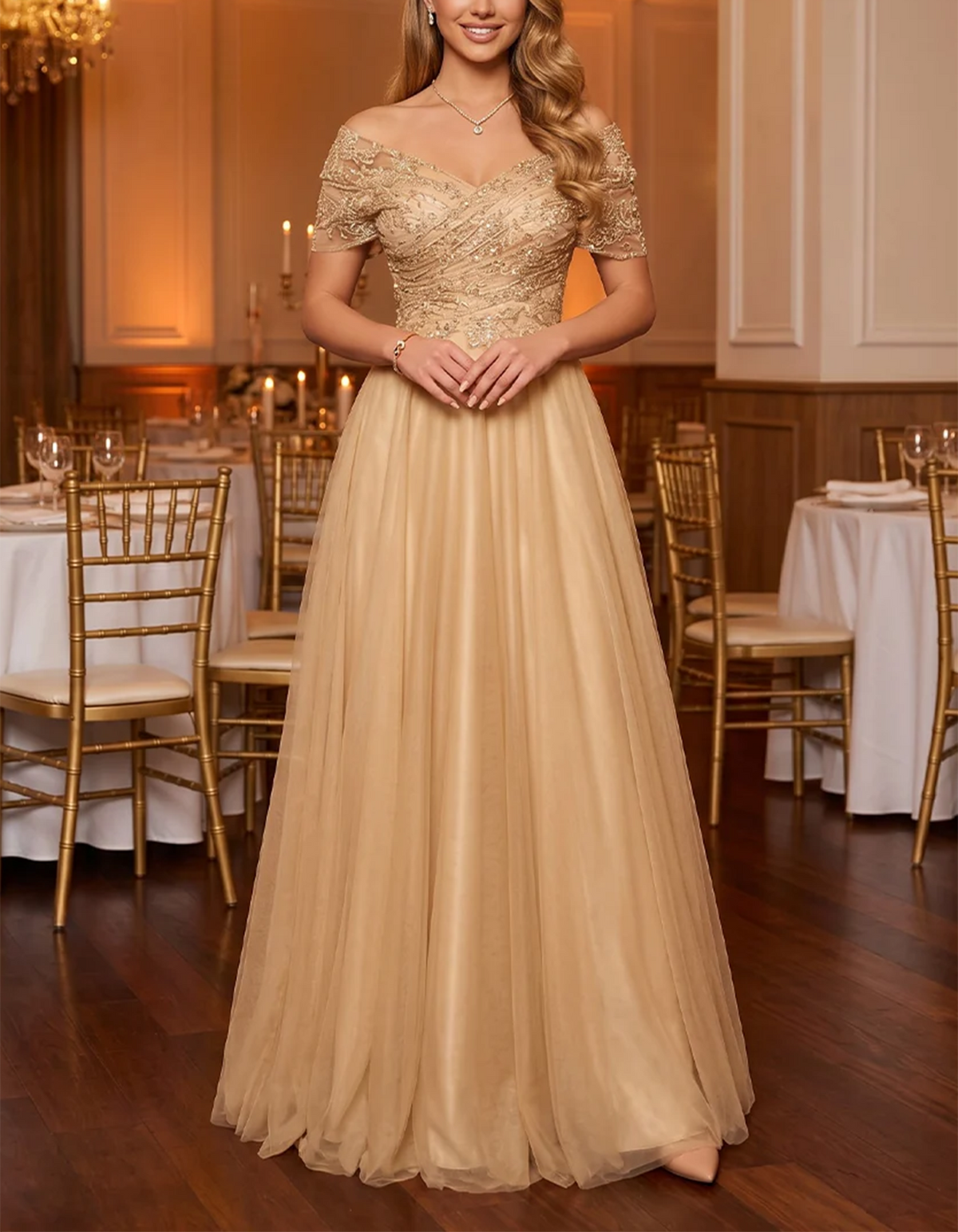 Champagne Off-the-Shoulder Lace & Tulle Maxi Dress