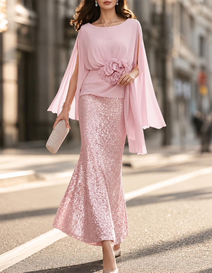 Pink Cape-sleeve Chiffon Sequined Mermaid 2-piece Set