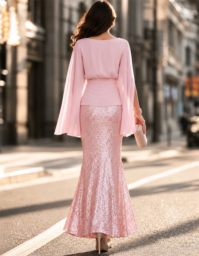 Pink Cape-sleeve Chiffon Sequined Mermaid 2-piece Set