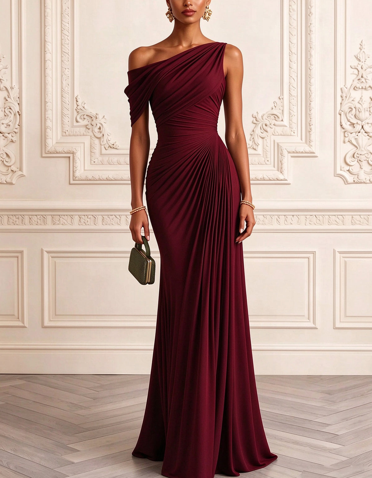 Asymmetrical One Shoulder Ruched Slim Fit Maxi Dress