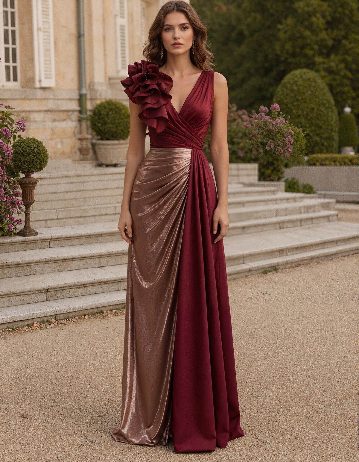 Burgundy Color Block Satin V-Neck Sleeveless Maxi Dress