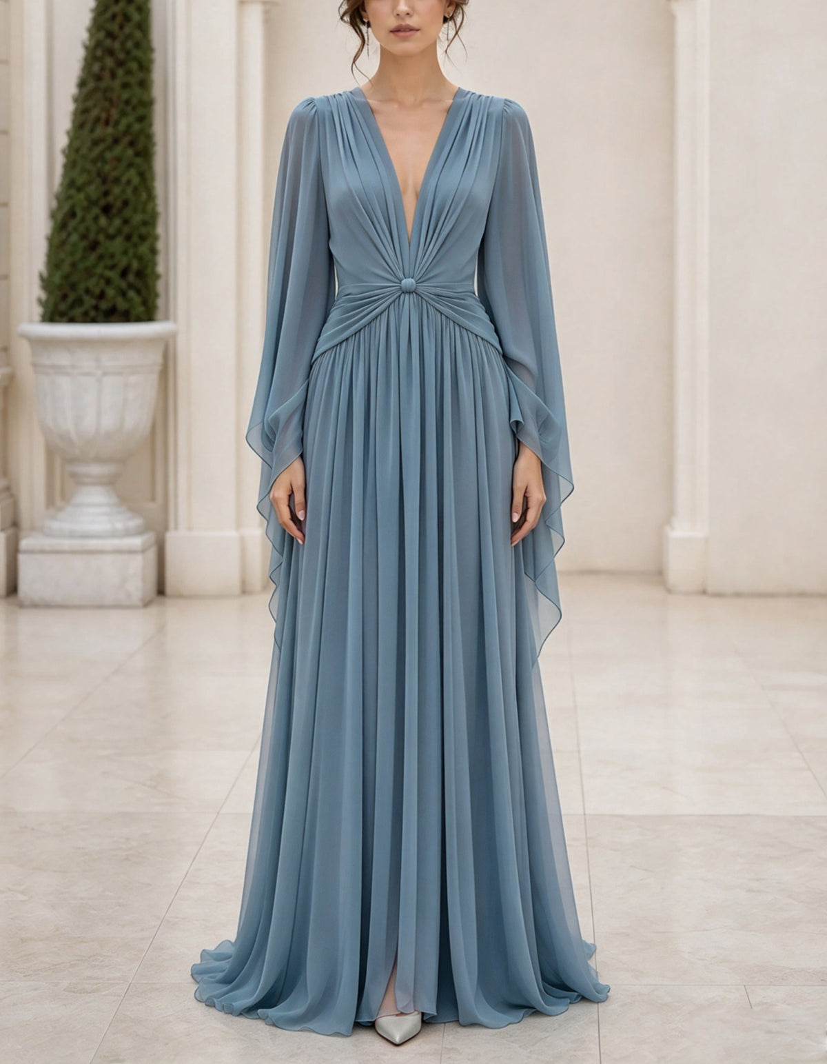 Blue Gray V-Neck Chiffon Long Flared Sleeves Maxi Dress