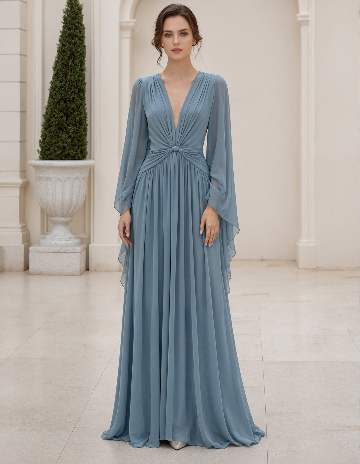 Blue Gray V-Neck Chiffon Long Flared Sleeves Maxi Dress